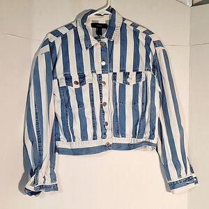 Forever 21 Striped Denim Jacket Cropped‎ Jean Jacket Blue White Medium